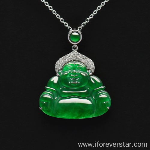 18K White Gold Imperial Green Jadeite Buddha Pendant